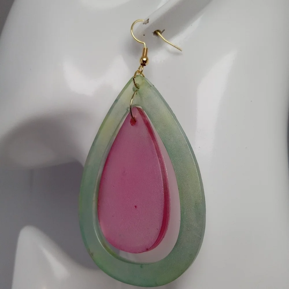 Pink and green resin earrings
